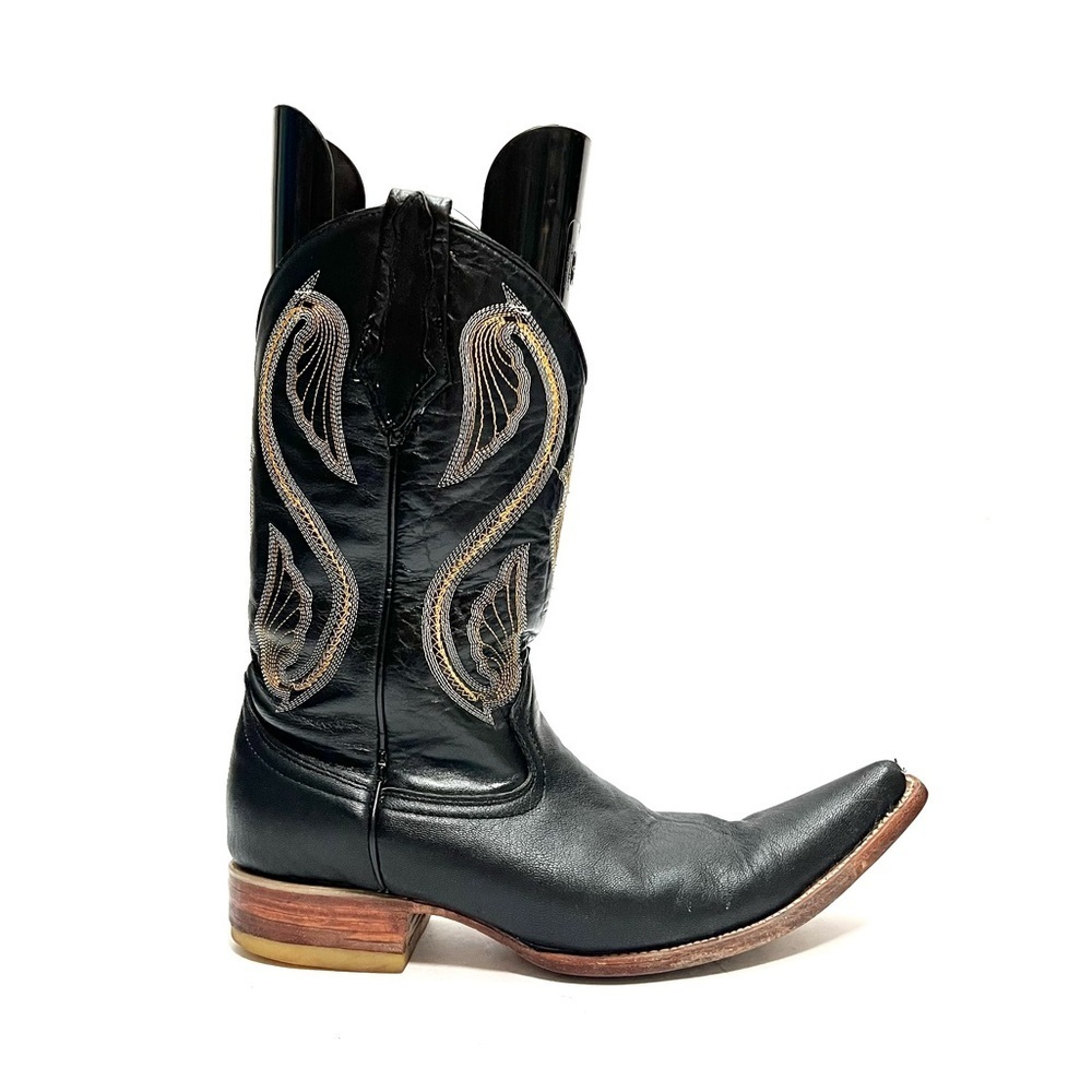 Vintage 1990s men's black leather mid calf Mexican pointy cowboy boots